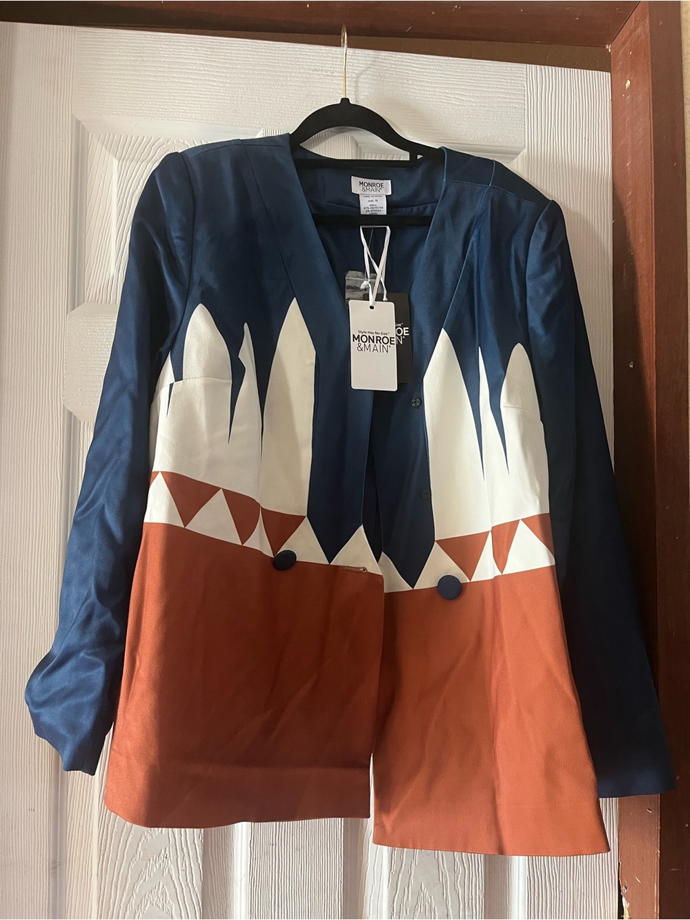 Monroe & Main Colorblock Geometric Blazer Jacket NWT Size 16 Blue Brown White